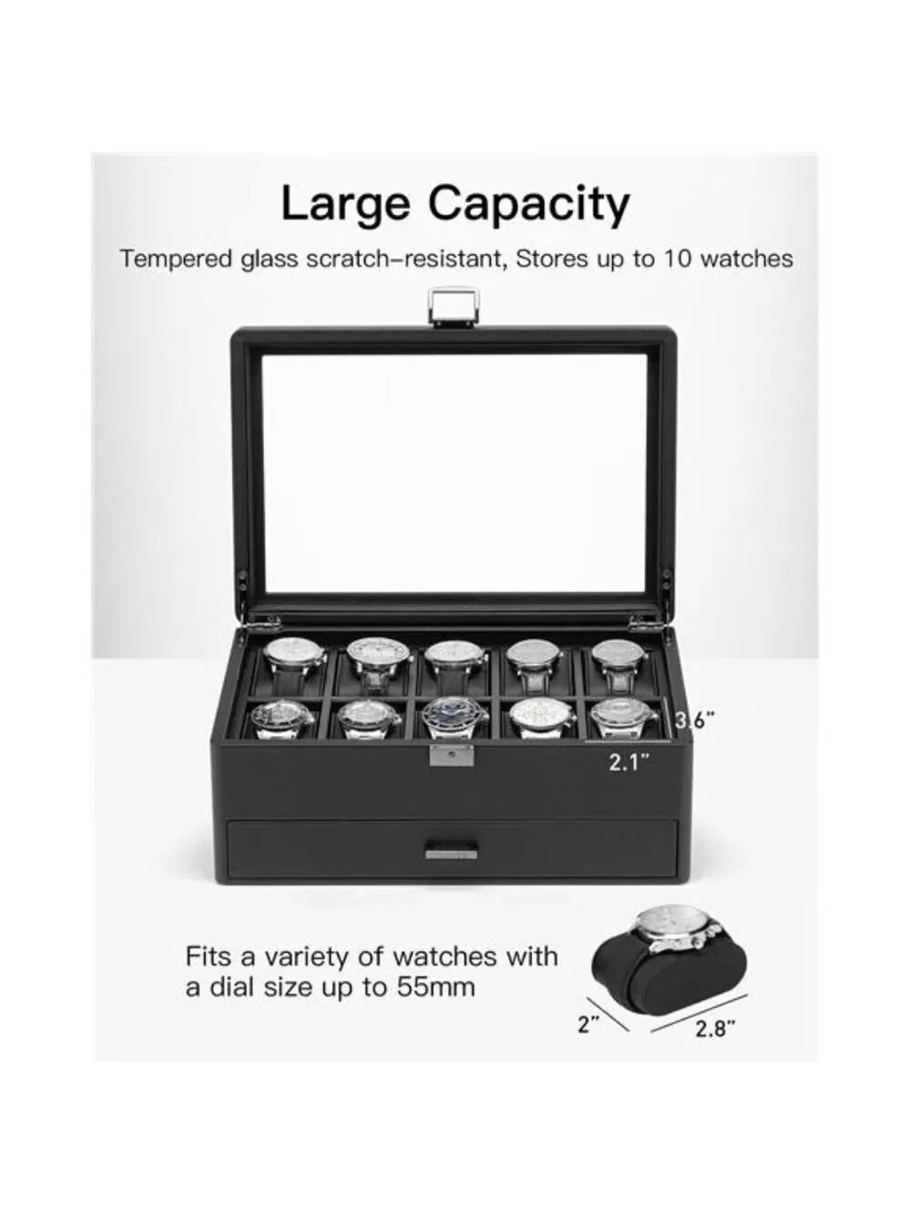 Mens Watch Box Organizer 10 Slot Leather Jewelry Case with Drawer Glass Lid